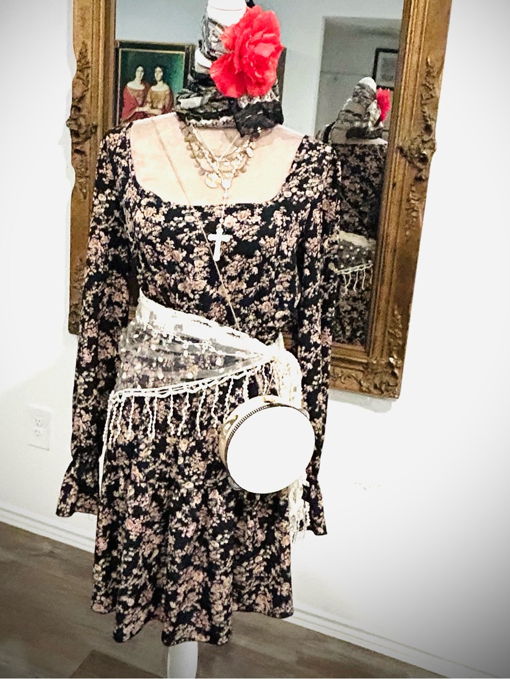 Curated Gypsy Halloween costume: witchy boho minidress, fringed scarf tamborine